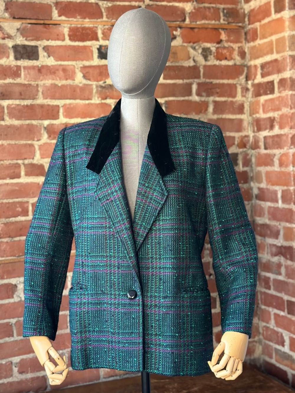 Vintage Wool Plaid Blazer Green Purple Velvet Collar Jacket M